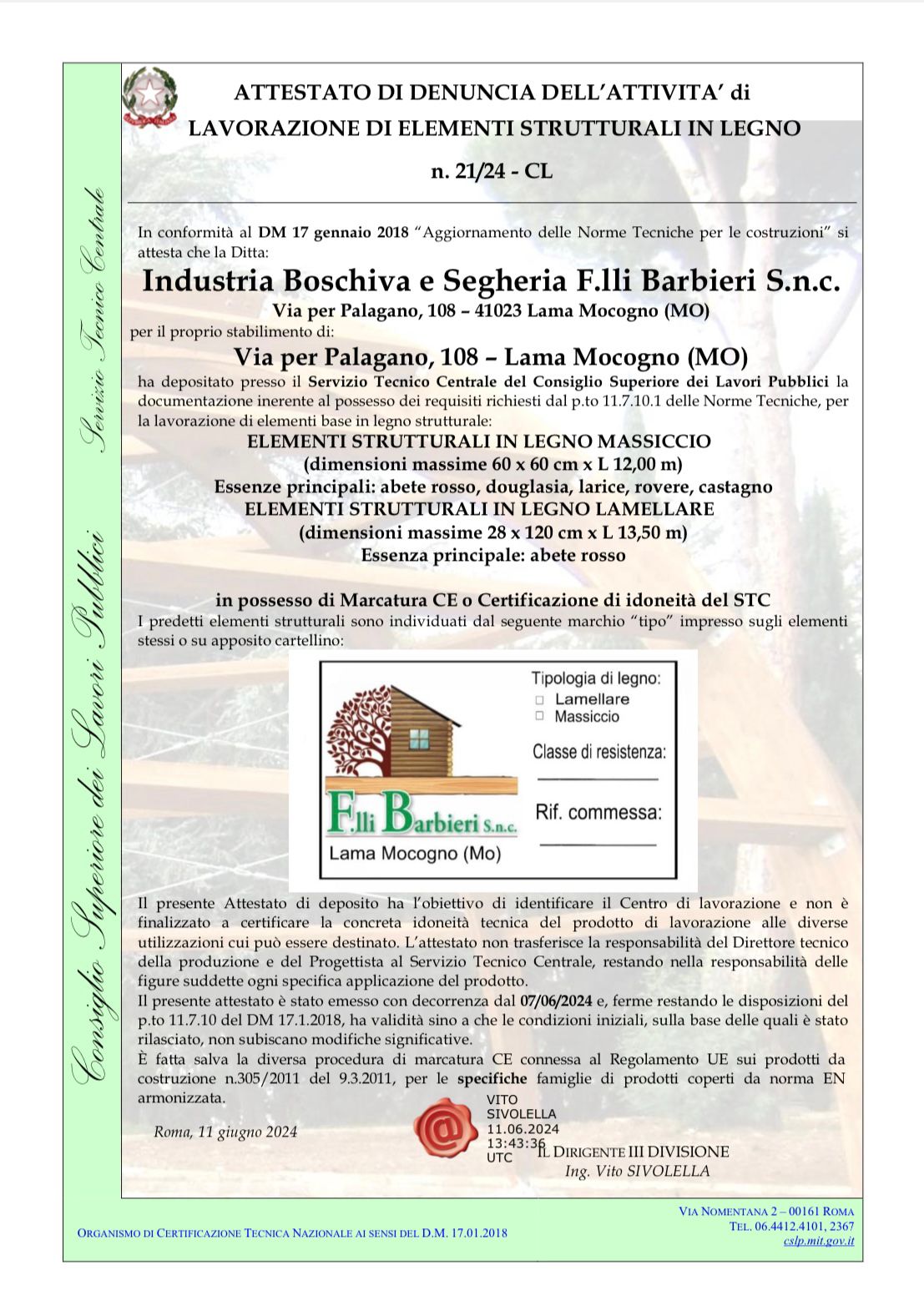 Attestato di Denuncia dell'attività di lavorazione di elementi strutturali in legno